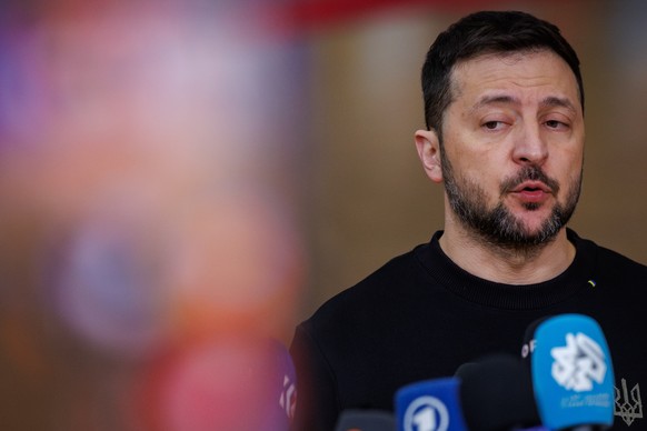 epa11785123 Ukrainian President Volodymyr Zelensky speaks with the media at the EU Summit in Brussels, Belgium, 19 December 2024. EU leaders are meeting in Brussels to discuss Ukraine, the EU in the w ...