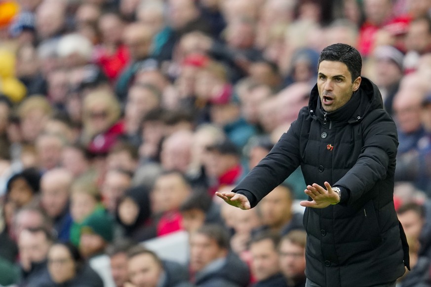 Arsenal&#039;s manager Mikel Arteta gives instructions to his players during the English Premier League soccer match between Liverpool and Arsenal at Anfield in Liverpool, England, Sunday, April 9, 20 ...