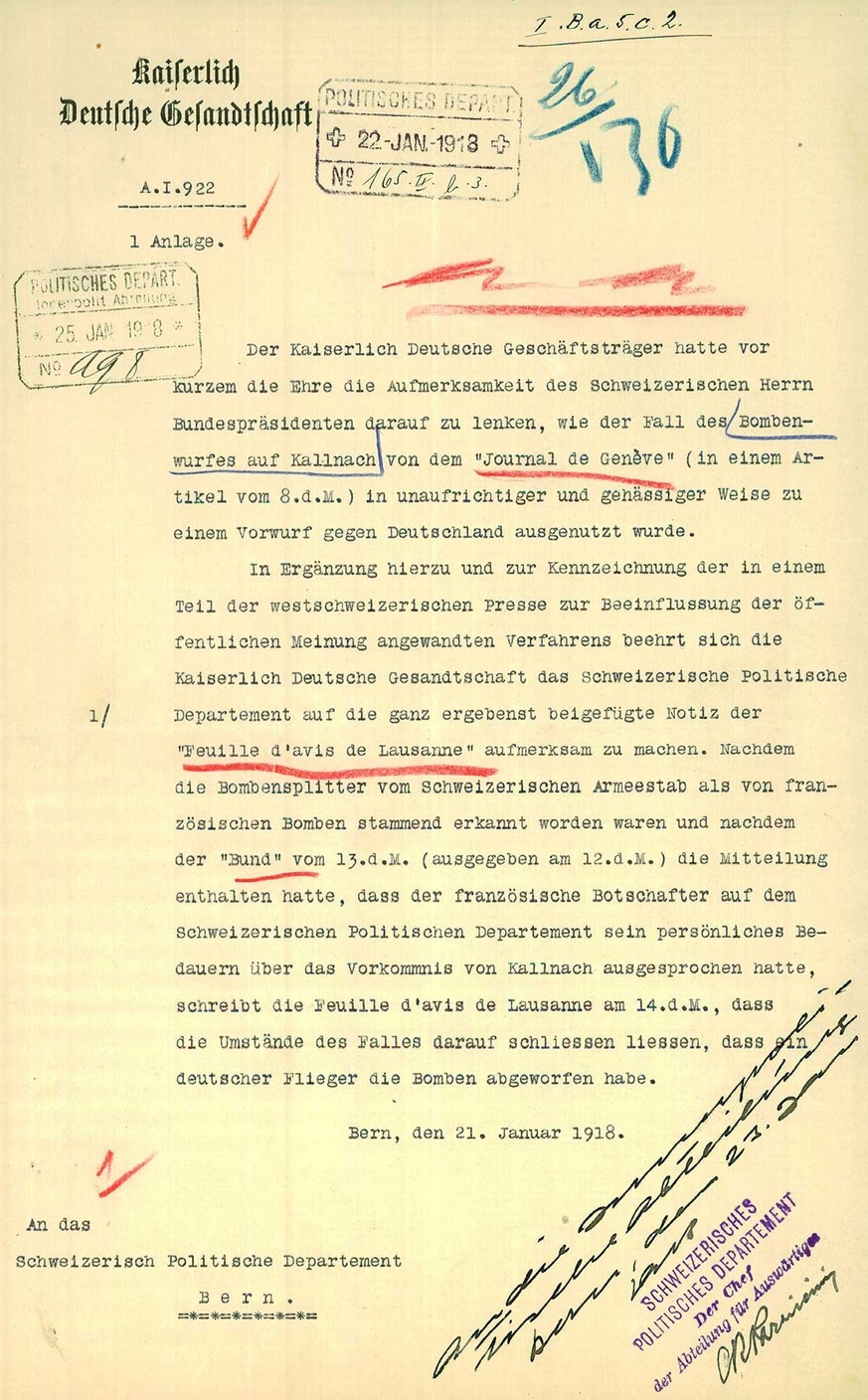 Note de protestation de la légation impériale allemande adressée au Département politique fédéral, janvier 1918.
https://www.recherche.bar.admin.ch/recherche/#/fr/archive/unite/1624970