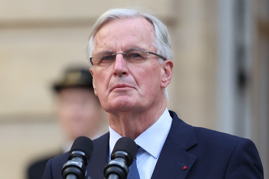 France&#039;s newly appointed Prime Minister Michel Barnier delivers a speech during the handover ceremony at the Hotel Matignon in Paris, France, 05 September 2024.