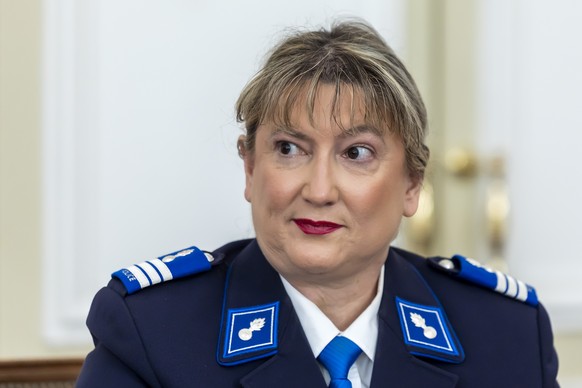 Monica Bonfanti, commandante de la police genevoise, presente les decisions du jour en lien avec le sommet du G7 a Evian (France), lors d'un point presse du Conseil d'Etat consecutif a sa se ...