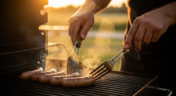 Outdoor grilling at sunset, hands tending sizzling sausages on a BBQ. Perfect for summer, food, and lifestyle themes