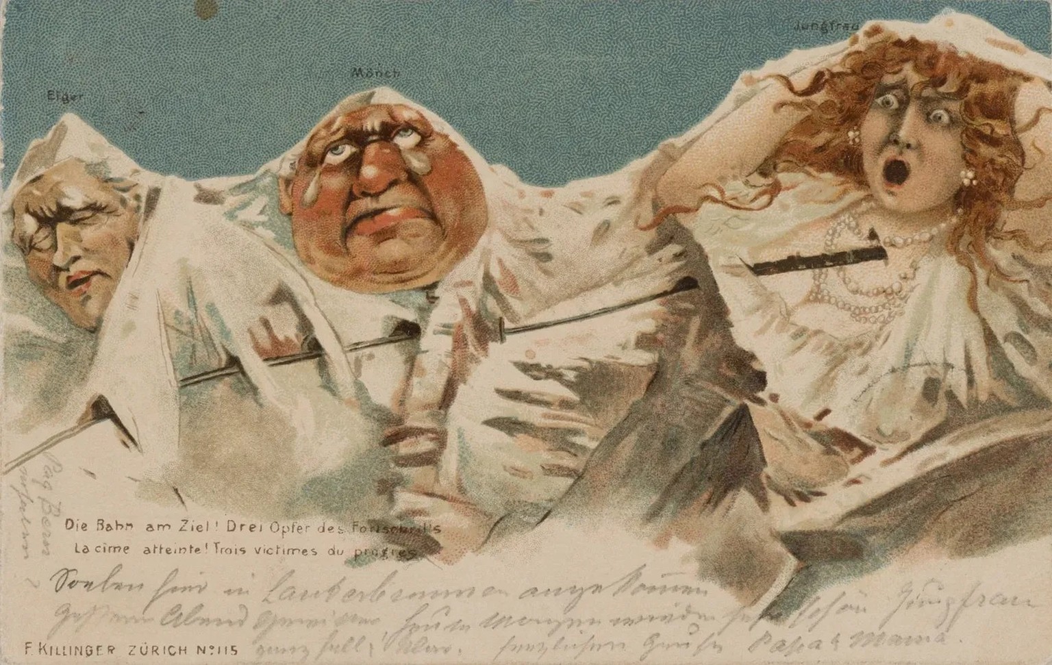 La construction du chemin de fer de la Jungfrau ne fit pas l’unanimité: carte postale de l’époque (vers 1912) caricaturant la souffrance infligée par le chemin de fer aux sommets personnifiés de l’Eig ...