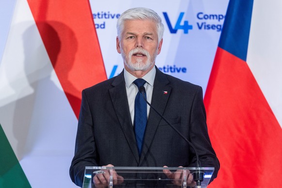 epa12566948 President of the Czech Republic Petr Pavel attends a press conference after the meeting of the Presidents of the Visegrad Group countries at the St. Adalbert Conference Center in Esztergom ...