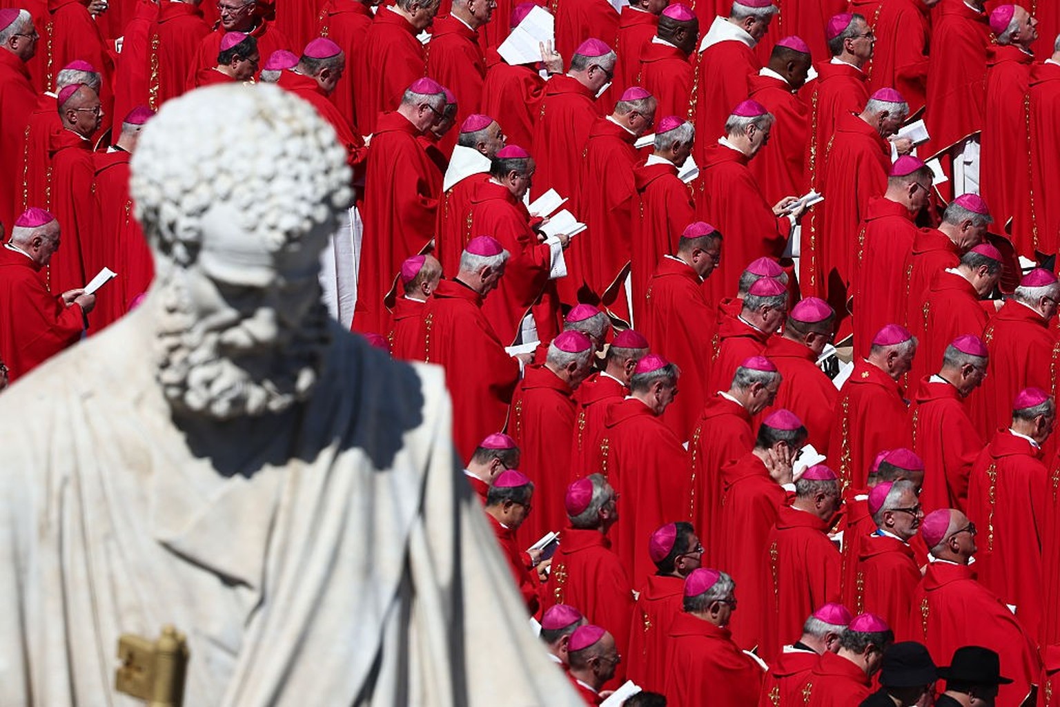 Saint Peter&#039;s statue and cardinals during the funeral ceremony of Pope Francis at Saint Peter&#039;s Square in Vatican on April 26, 2025. (Photo by Jakub Porzycki/NurPhoto via Getty Images)