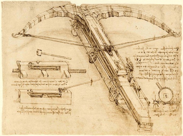 Plan de fabrication d’une arbalète géante avec double corde tendue, Léonard de Vinci, vers 1500.
https://commons.wikimedia.org/wiki/Category:Codex_Atlanticus_(F0149)?uselang=de#/media/File:Codice_Atla ...