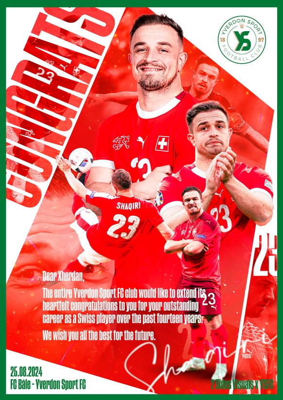 L'oeuvre est ornée du logo d'Yverdon Sport. En bas à gauche, l'affiche du match (Bâle-YS) et la date (25 août 2024). Au centre, un texte en anglais dit ceci: «Cher Xherdan, tout le club d'Yverdon Spor ...