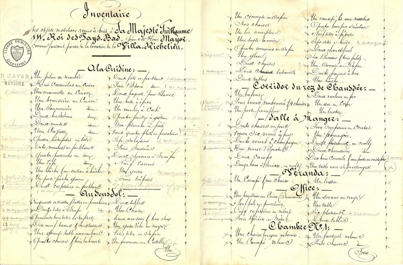 Extrait de l’inventaire laissant imaginer l’ampleur des dégâts. Les passages soulignés en rouge indiquent les objets endommagés ou manquants.