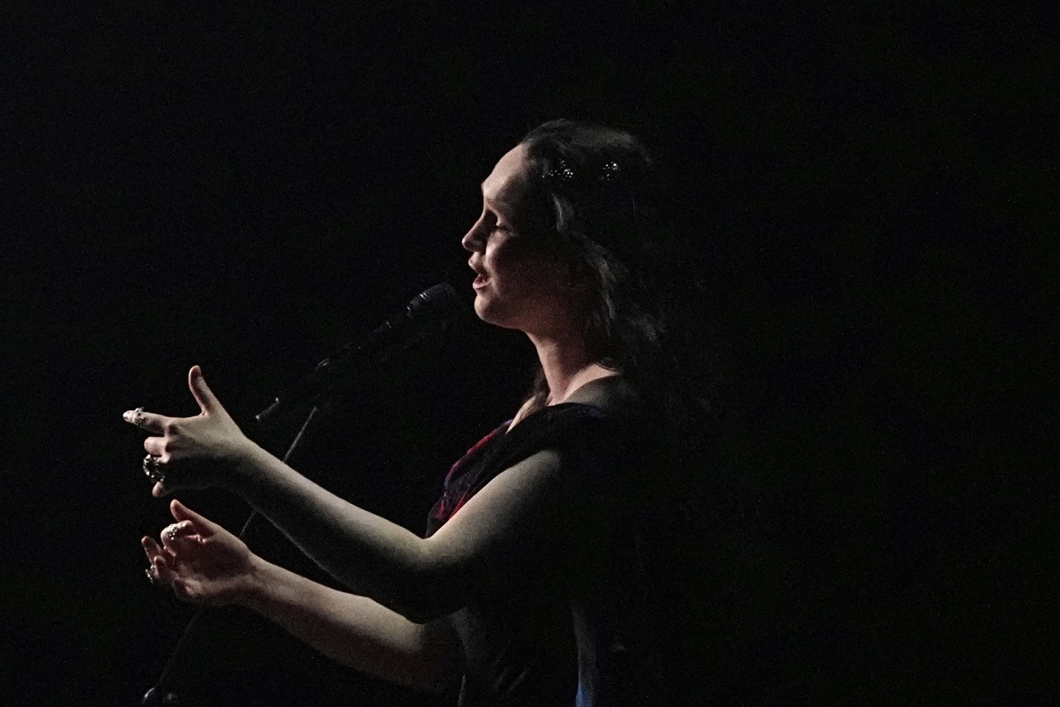 Zoe Me from Switzerland performs the song &quot;Voyage&quot; during the dress rehearsal for the Grand Final of the 69th Eurovision Song Contest, in Basel, Switzerland, Friday, May 16 2025. (AP Photo/M ...