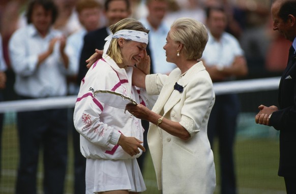 Czech tennis player Jana Novotna (1968-2017) is consoled by British Royal Katharine, Duchess of Kent after losing the women&#039;s singles final at the 1993 Wimbledon Championships, held at the All En ...