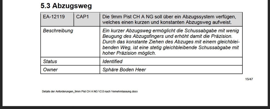 Auszug aus dem Armee-internen Dokument zum technischen Anforderungsprofil der neuen Armeepistole..
