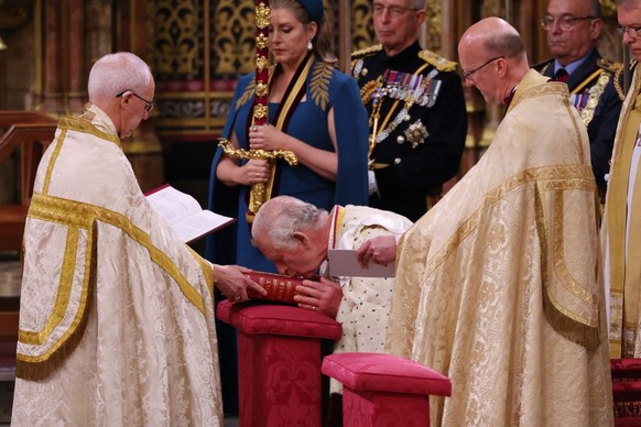LONDON, ENGLAND - MAY 06: King Charles III attends his coronation at Westminster Abbey on May 6, 2023 in London, England. The Coronation of Charles III and his wife, Camilla, as King and Queen of the  ...