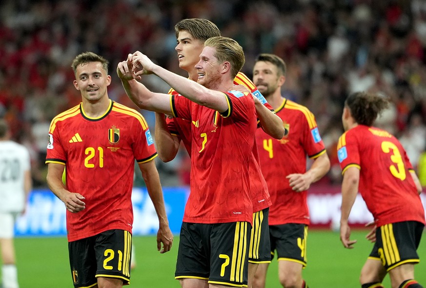 epa13068235 Kevin De Bruyne of Belgium celebrates after scoring his team's third goal during the FIFA World Cup 2026 group stage match New Zealand against Belgium, in Vancouver, Canada, 26 June 2 ...