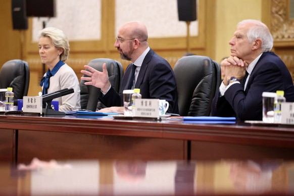 epa11015593 A handout photo made available by European Union shows (L-R) President of the European Commission Ursula von der Leyen, President of the European Council Charles Michel and High Representa ...