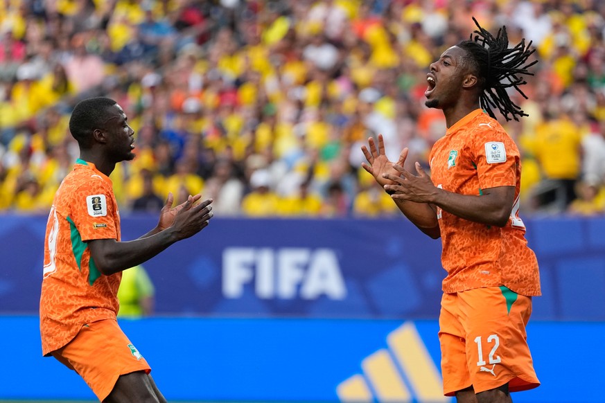 Ivory Coast's Elye Wahi, right, reacts after missing a chance to score against Ecuador during a World Cup Group E soccer match in Philadelphia, Sunday, June 14, 2026. (AP Photo/Matt Slocum)
Elye  ...