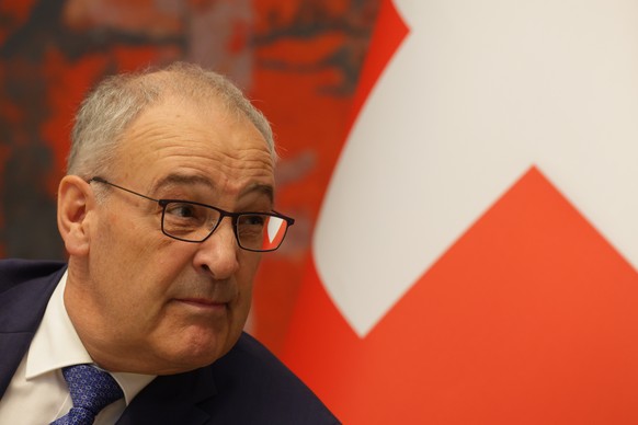 epa12918459 President of the Swiss Confederation Guy Parmelin talks with Serbian President (not pictured) during their meeting in Belgrade, Serbia, 28 April 2026. President of the Swiss Confederation  ...