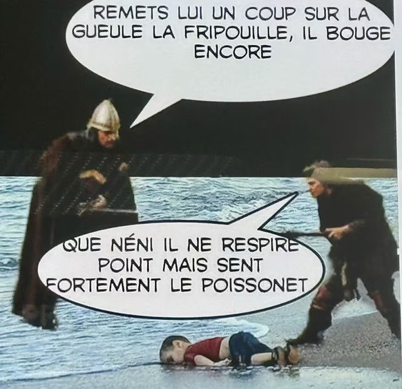 image raciste police lausannoise faisant référence à la mort du petit Alan Kurdi, réfugié syrien