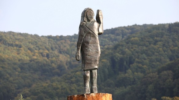 SEVNICA, SLOVENIA - SEPTEMBER 15: A bronze replica depicting US First Lady Melania Trump, made by US artist Brad Downey, is seen after its unveiling in a field near US First Lady&#039;s hometown Sevni ...