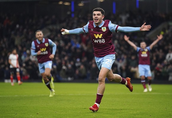 Burnley's Zeki Amdouni celebrates scoring their side's first goal of the game during their English Premier League soccer match against Luton Town at Turf Moor, Burnley, England, Friday, Jan. ...