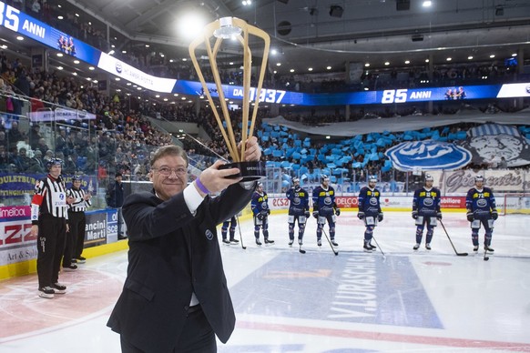 Ambri&#039;s president Filippo Lombardi with the Spengler Cup trophy before the preliminary round game of National League Swiss Championship 2022/23 between HC Ambri Piotta and EHC Biel Bienne at the  ...
