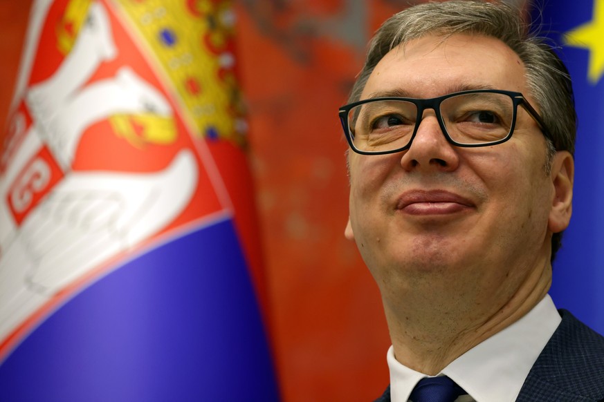 epa12053579 Serbian President Aleksandar Vucic looks on during a meeting with President of Cyprus Nikos Christodoulides(not pictured) in Belgrade, Serbia, 25 April 2025. President Christodoulides is o ...