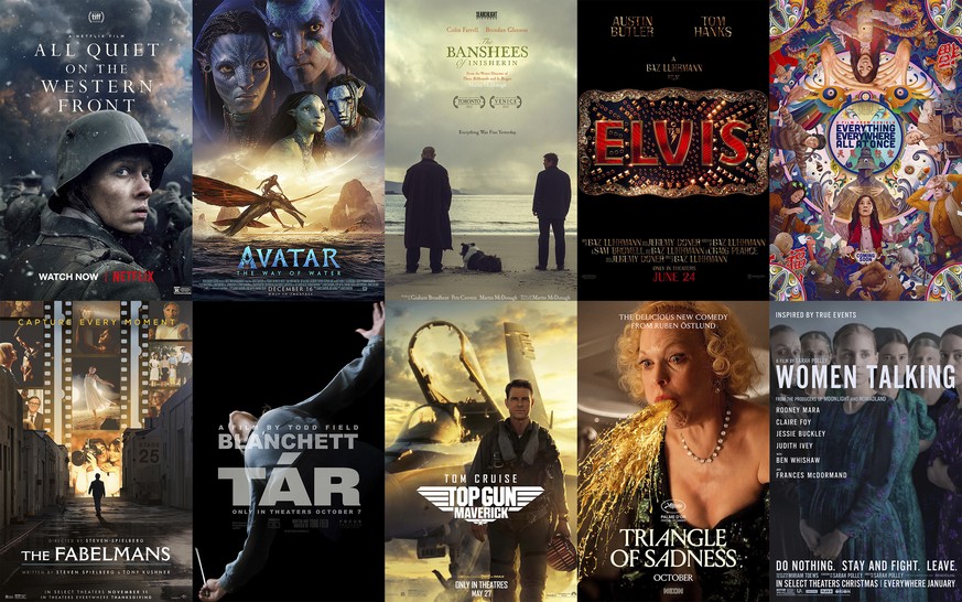 This combination of photos shows promotional art for Oscar nominees for best feature, top row from left, &quot;All Quiet on the Western Front,&quot; &quot;Avatar: The Way of Water,&quot; &quot;The Ban ...