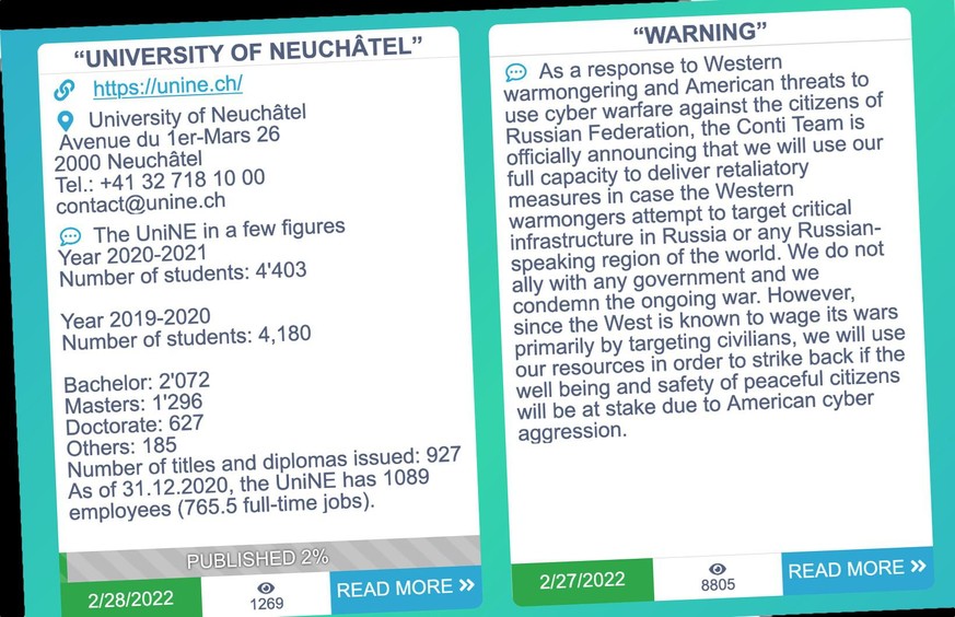 A gauche, des données volées à l’Université de Neuchâtel. A droite, les criminels mettent les pays en garde contre des représailles. 
