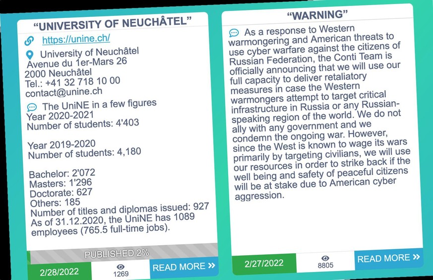 A gauche, des données volées à l’Université de Neuchâtel. A droite, les criminels mettent les pays en garde contre des représailles.