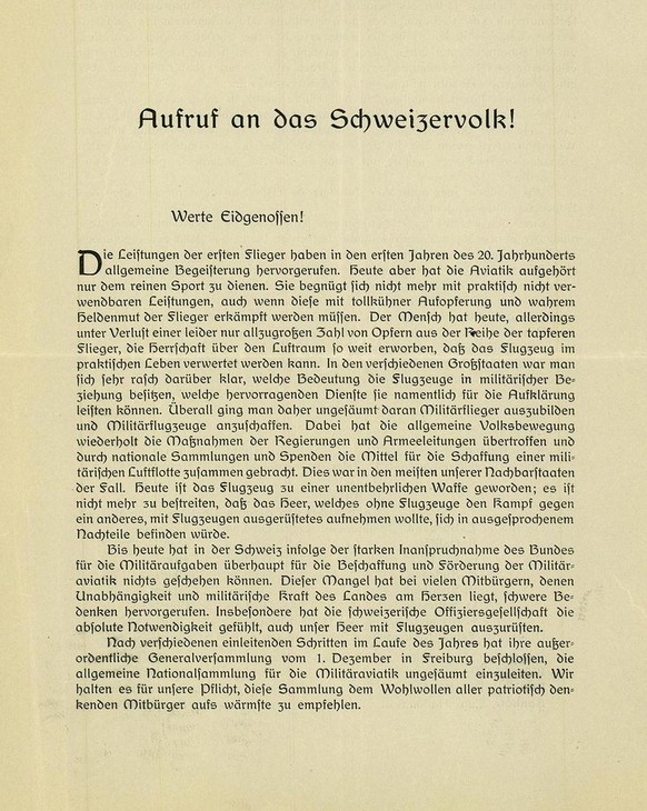 Appel aux dons pour la création d’une aviation militaire suisse, 1912.
https://www.recherche.bar.admin.ch/recherche/#/fr/archive/unite/4122886