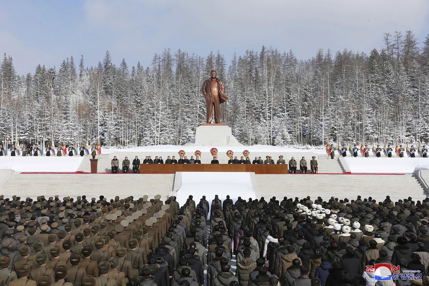 In this photo provided by the North Korean government, a meeting is held to celebrate the 80th birth anniversary of North Korea&#039;s late leader Kim Jong Il in Samjiyon City, North Korea Tuesday, Fe ...