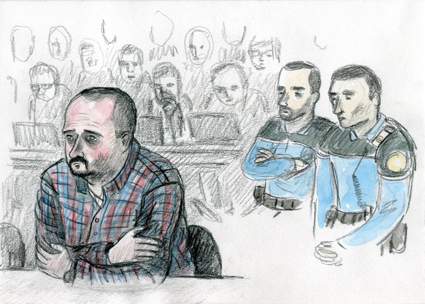 GERICHTSZEICHNUNG - Un dessin, montre Claude D. qui reagit entoure de deux policiers pendant l&#039;enonce du verdict du proces de l&#039;assassin de Marie, Claude D. devant le Tribunal criminel canto ...