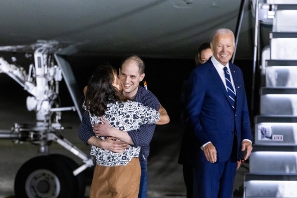 epa11517495 Wall Street Journal reporter Evan Gershkovich hugs his mother, Ella Milman, after his arrival in the US following a 26-person prisoner swap between Russia, the US and five other countries, ...