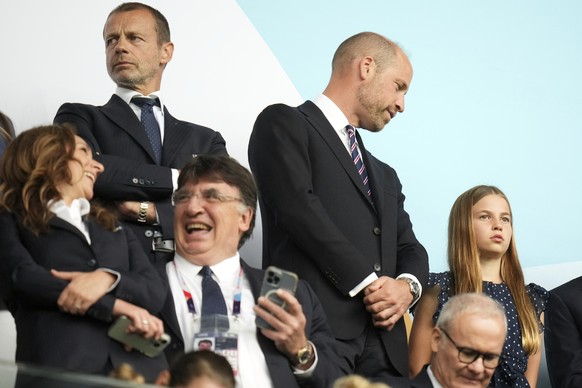 Britain&#039;s Prince William speaks to his daughter Princess Charlotte, right, before the Women&#039;s Euro 2025 final soccer match between England and Spain at St. Jakob-Park in Basel, Switzerland,  ...