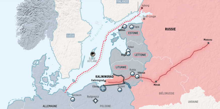 En rouge: la ligne de chemin de fer qui relie Moscou et Kaliningrad, distantes de 1200 kilomètres. En gris: le corridor de Suwalki entre Kaliningrad et la Biélorussie.