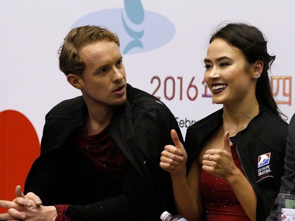 TAIPEI, TAIWAN - FEBRUARY 19: Madison Chock and Evan Bates of United States react after the Ice Dance Free Dance on day two of the ISU Four Continents Figure Skating Championships 2016 at Taipei Arena ...
