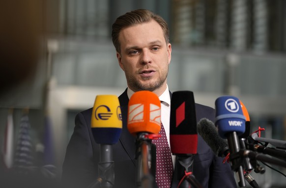 Lithuanian Foreign Minister Gabrielius Landsbergis speaks with the media as he arrives for a meeting of NATO foreign ministers at NATO headquarters in Brussels, Wednesday, April 6, 2022. NATO foreign  ...