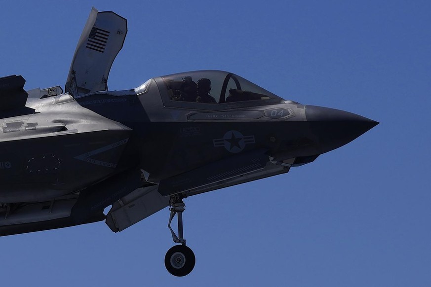 F-35 aircraft prepared for landing on the U.K.&#039;s aircraft carrier HMS Queen Elizabeth in the Mediterranean Sea on Sunday, June 20, 2021. The British Royal Navy commanders say the U.K.&#039;s newe ...