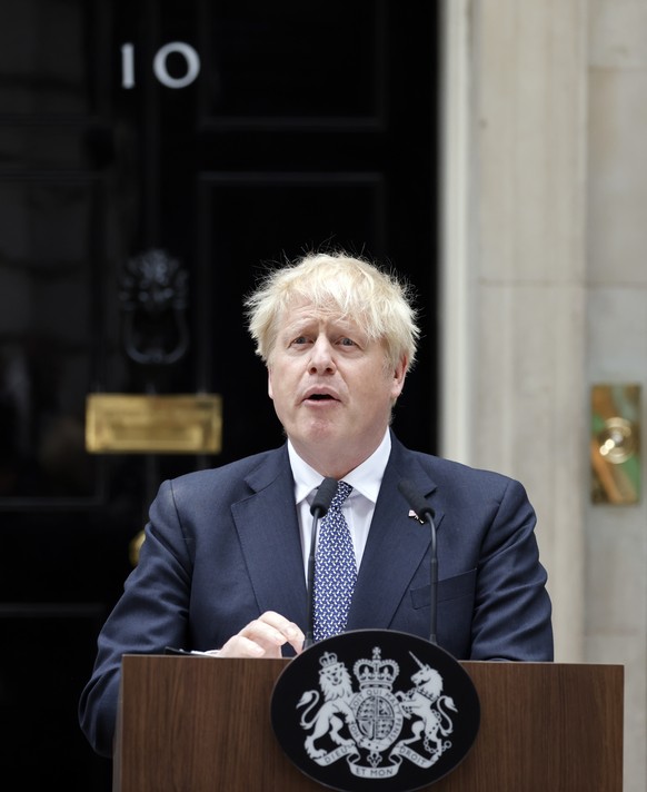 epa10056831 British Prime Minister Boris Johnson announces his resignation as leader of the Conservative Party in Downing Street, London, Britain 7 July 2022. Johnson resigned as Tory Party leader aft ...