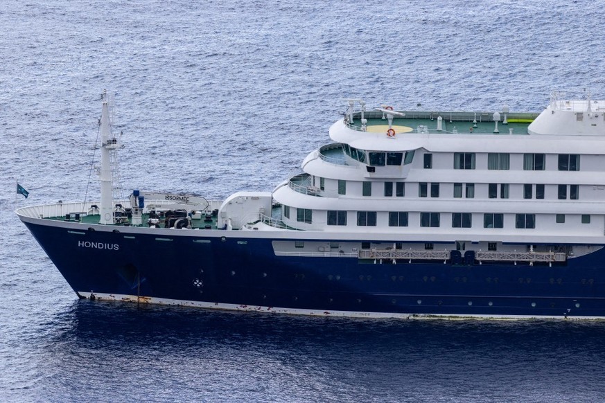 SAINT HELENA ISLAND - APRIL 24: A view of the Dutch-flagged vessel MV Hondius is seen navigating the Atlantic Ocean near Saint Helena Island on April 24, 2026. World Health Organization (WHO) Director ...