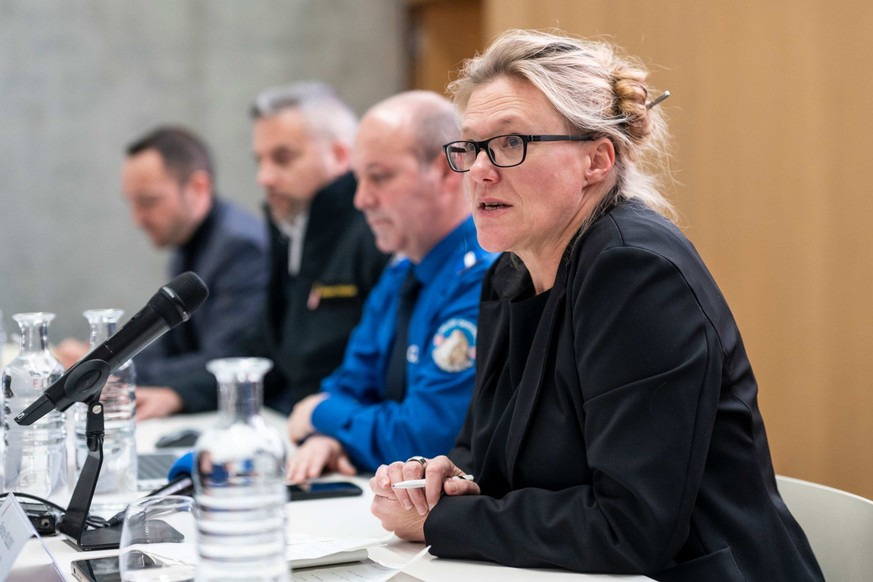 Béatrice Pilloud, ici lors d'une conférence de presse après un l'incendie de Crans-Montana, le jeudi 1er janvier 2026.