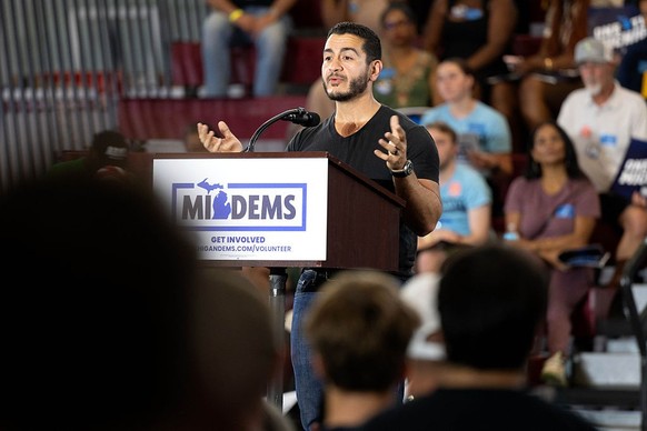 DETROIT, MICH. - AUG. 7: Democratic nominee for U.S. Senate Abdul El-Sayed speaks during a unity rally at Renaissance High School. (Photo by Dieu-Nalio Chery/For The Washington Post via Getty Images)
