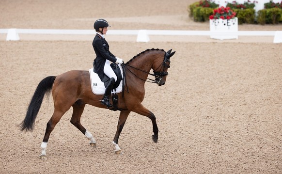 epa11476457 Helen Langehanenberg of Germany with the horse Facilone FRH competes in the FEI Dressage Nations Cup Grand Prix during the Falsterbo Horse Show, Sweden, 13 July 2024. EPA/Andreas Hillergre ...