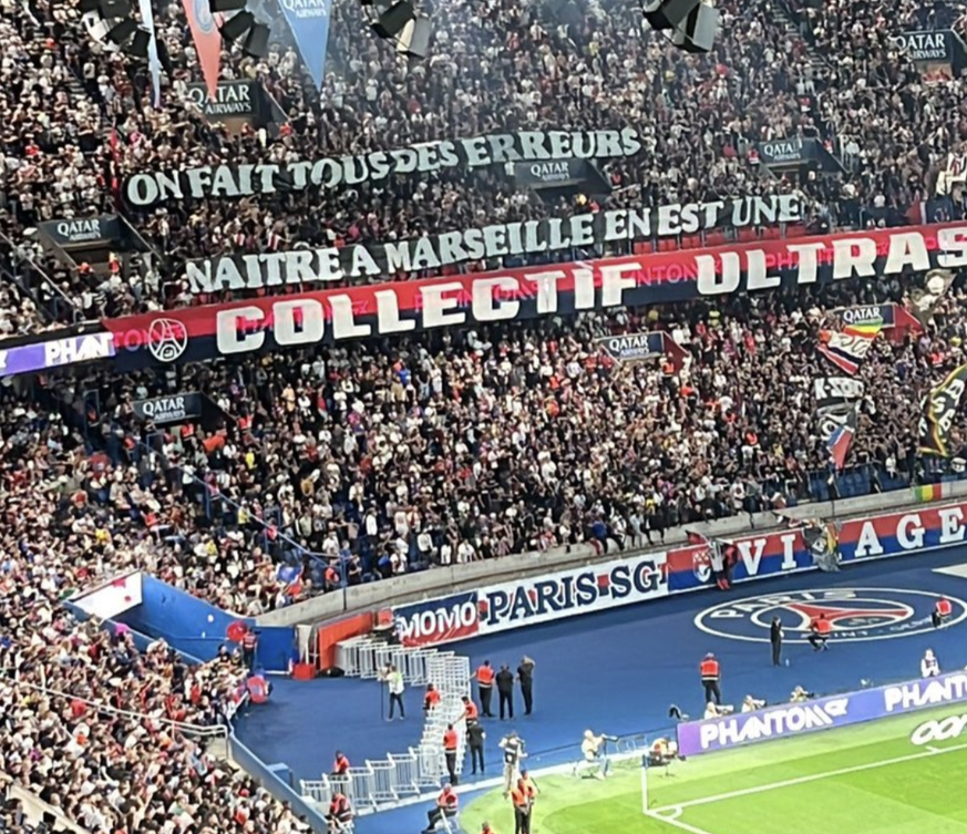 La banderole des ultras du PSG hostile à Lucas Hernandez, nouveau joueur du club.