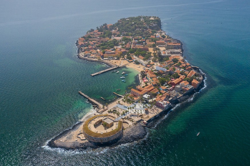 Aerial view of Goree Island. Gorée. Dakar, Senegal. Africa. Photo made by drone from above. UNESCO World Heritage Site.