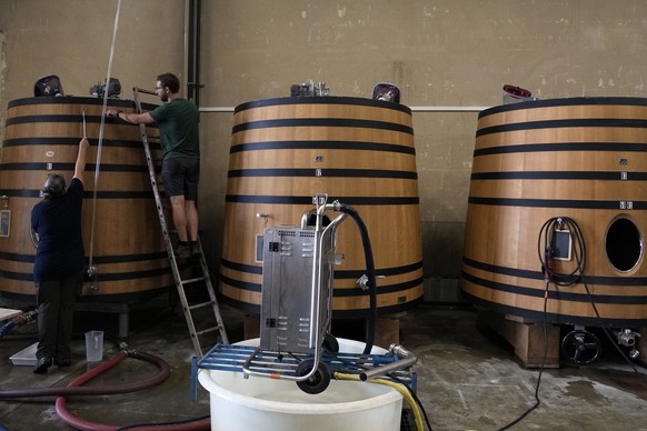 Workers prepare the large vats to fill with wine during the early harvest of white grapes in the Grand Cru Classe de Graves of the Ch?�teau Carbonnieux, at Pessac Leognan, south of Bordeaux, southwest ...