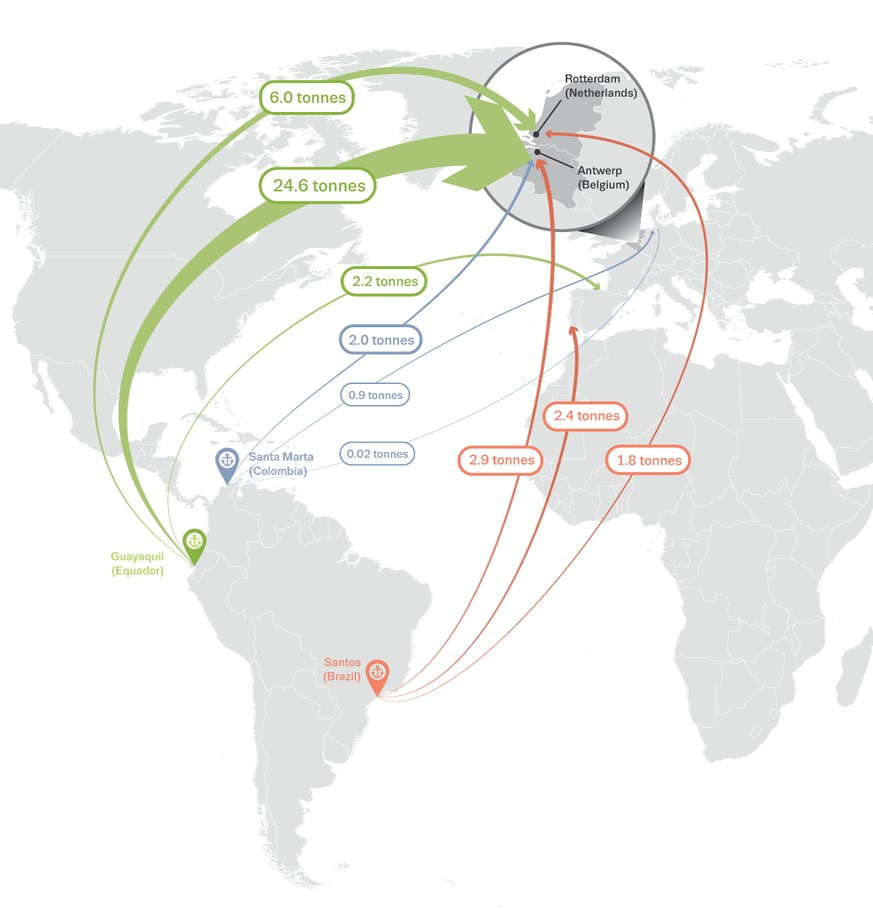 Les principales liaisons de contrebande entre les ports d'Amérique latine et les ports de l'UE en 2020.