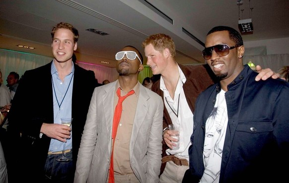 LONDON, ENGLAND - JULY 1: (NO PUBLICATION IN UK MEDIA FOR 28 DAYS) Prince William and Prince Harry meet P Diddy and Kanye West at the after concert party the Princes hosted to thank all who took part  ...