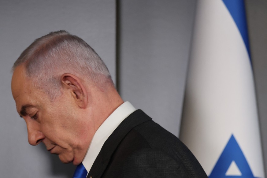 epa11584923 Israeli Prime Minister Benjamin Netanyahu attends a press conference for the international media at the Government Press office in Jerusalem, 04 September 2024. The Israeli Prime Minister  ...