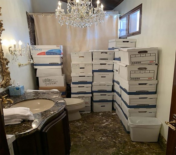 PALM BEACH, FLORIDA - UNSPECIFIED: In this handout photo provided by the U.S. Department of Justice, stacks of boxes can be observed in a bathroom and shower in The Mar-a-Lago Club’s Lake Room at form ...