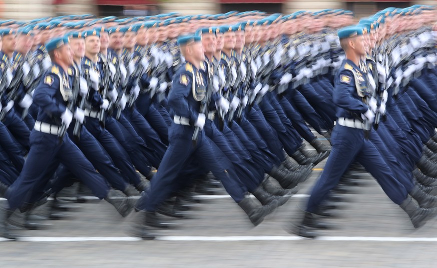epa09935471 Russian servicemen take part in the Victory Day military parade in the Red Square in Moscow, Russia, 09 May 2022. Russia marks Victory Day, Nazi Germany's unconditional surrender in W ...